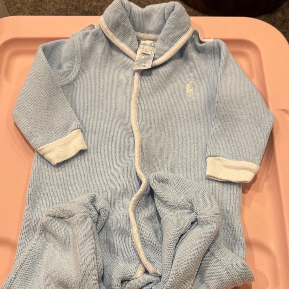 Ralph Lauren Onesie Light Blue Baby Onesie with White Trim 6M